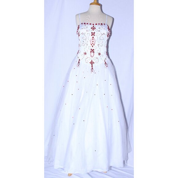 May Queen Dresses & Skirts - MayQueen#742 Satin & Tulle Beaded Prom Or Wedding Gown-Size 14-WHITE/RED-NWT